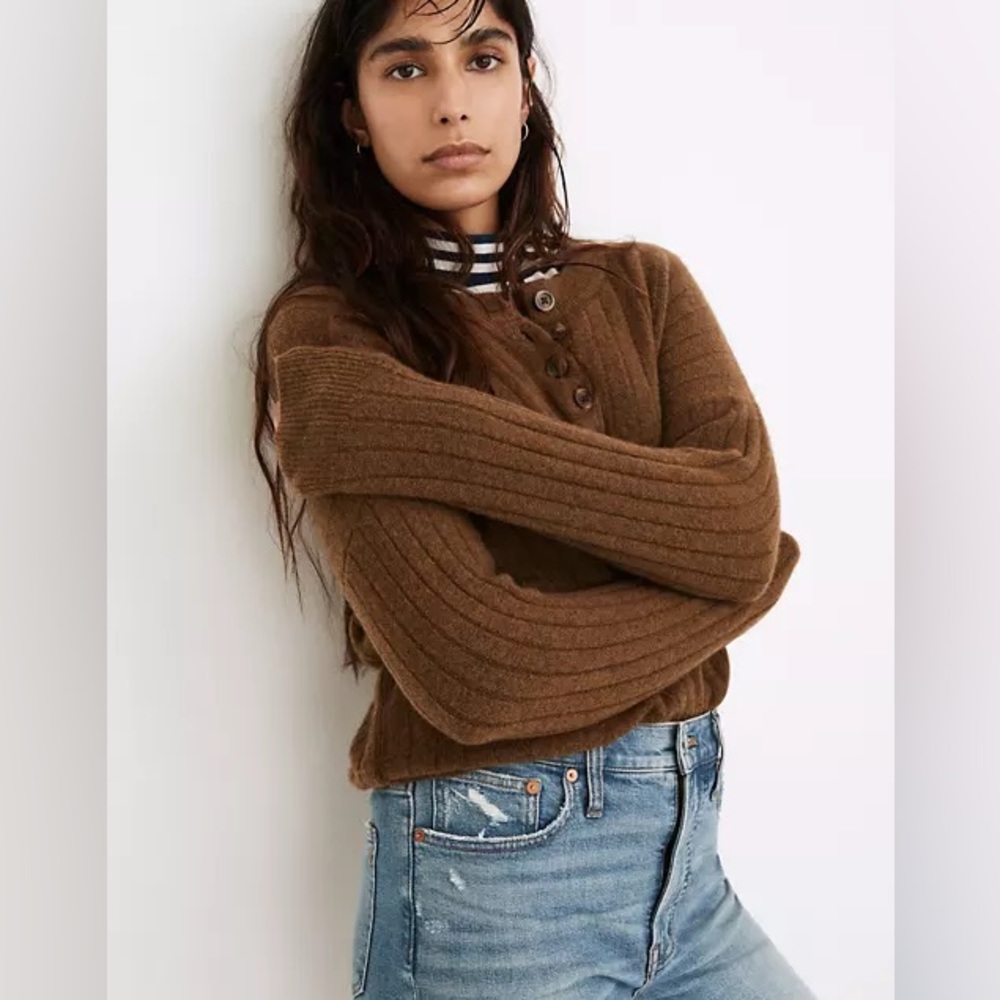 Madewell Bowden Henley Sweater in Coziest Yarn Size XS Brown Warm & Fuzzy